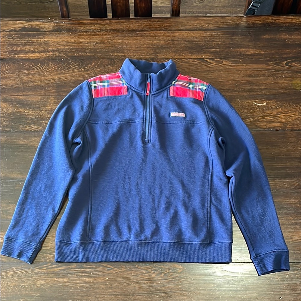 Vineyard Vines Blue and Red flannel Zip Up Sweater with Shoulder Patches